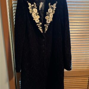 White House Black Market Black coat with White Floral Embroidery